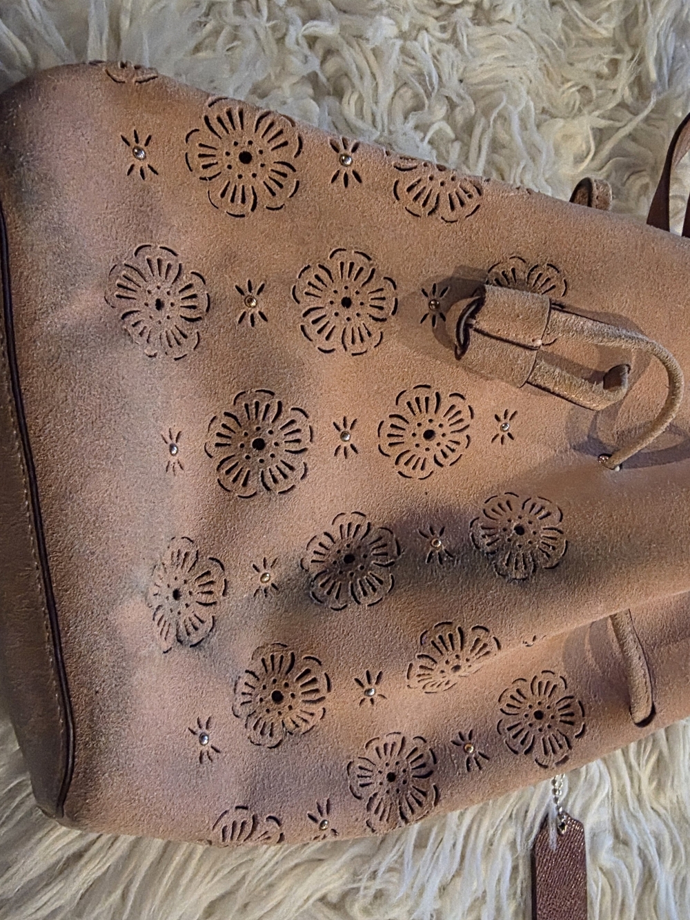 Coach Suede Laser-Cut Floral Bucket Bag - Brown